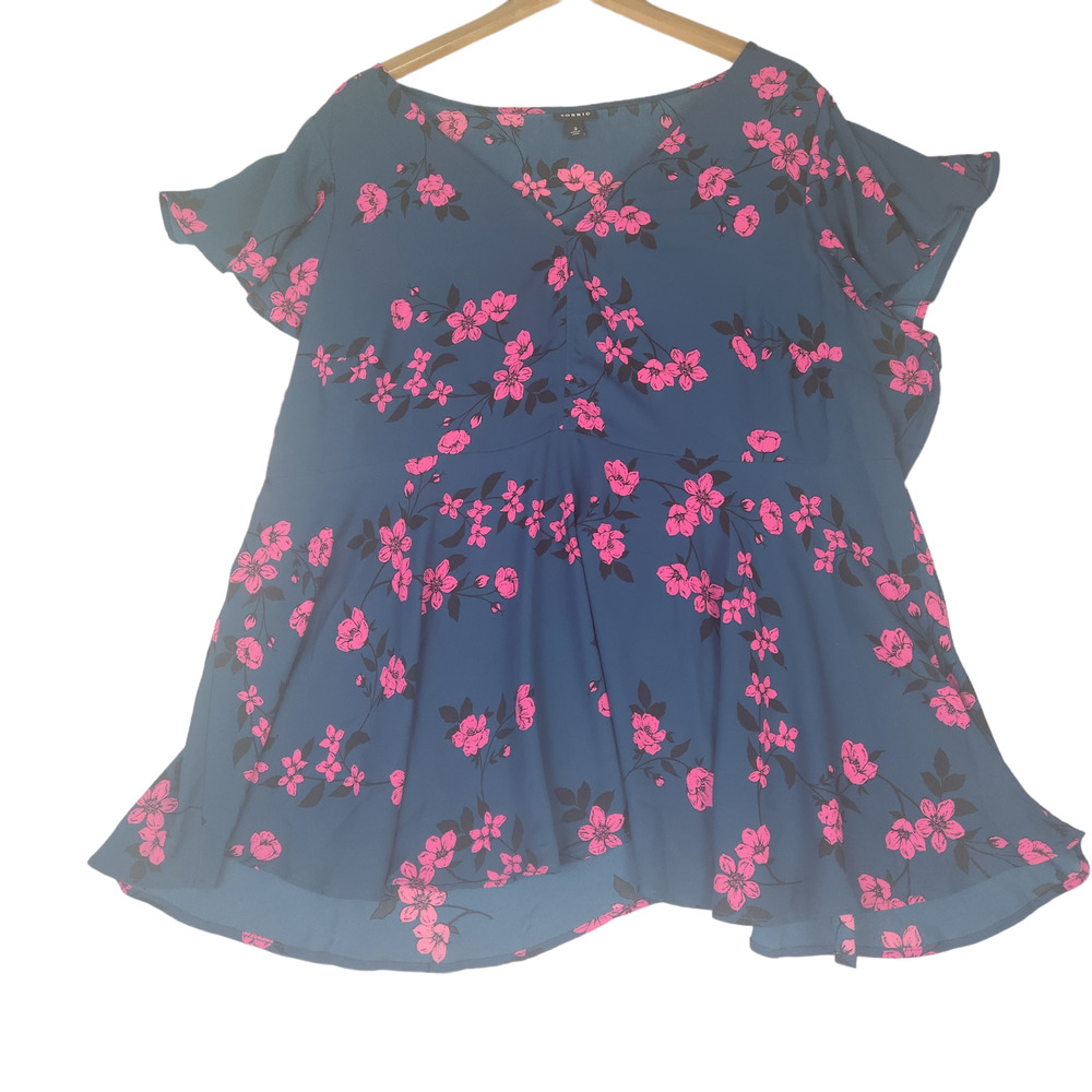 Torrid Blouse Size 3X Floral Floaty Flutter Sleeves Petrol Blue Pink Tunic Plus